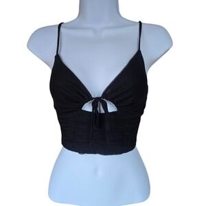 Urban Outfitters Crop Top Womens S Black Ruched Mesh Tie Front Goth Y2K Coquette